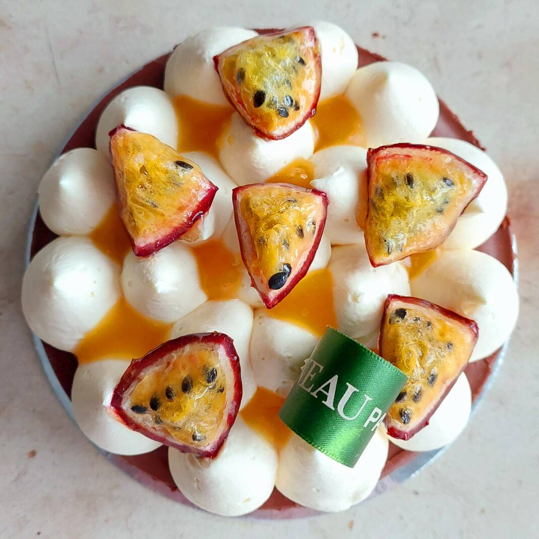 Large Praline Torte with White Chocolate & Passionfruit Chantilly